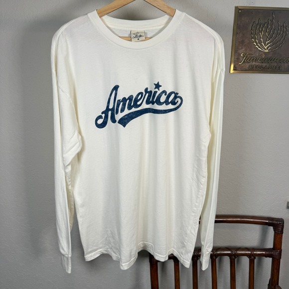 Oat Collective Tops - Oat Collective Womens America Graphic Long Sleeve Tee Cream Navy Blue Size M